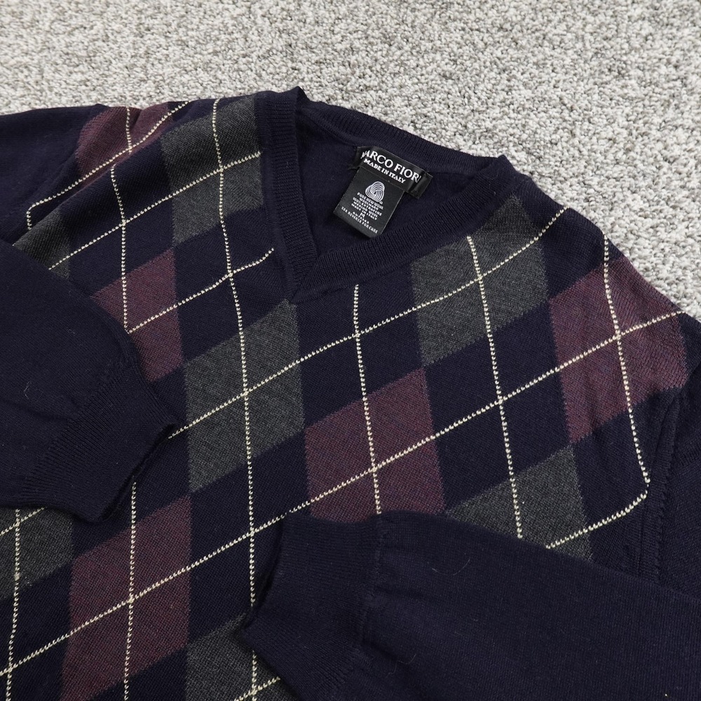 Merino Wool Sweater‎ Mens M Blue V Neck Argyle Pullover Grandpa Academia Italy